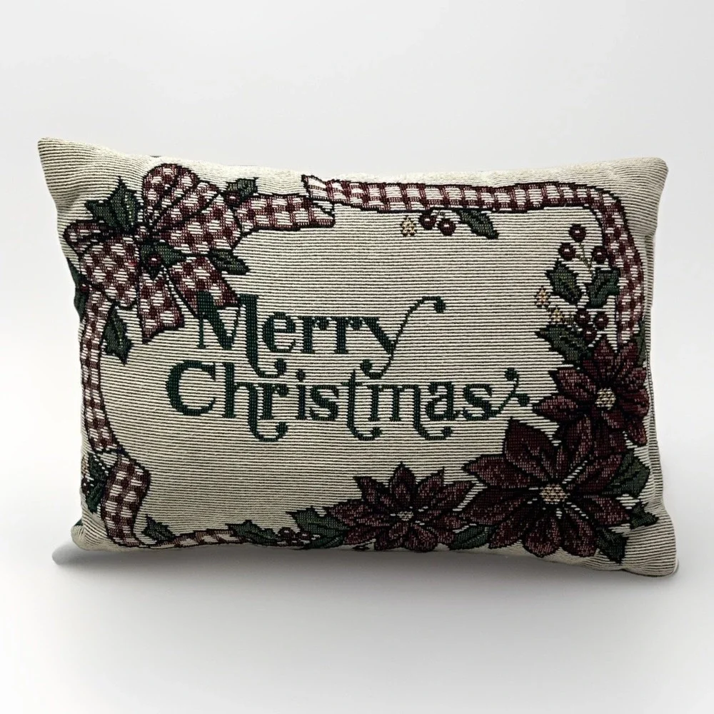 Vintage Merry Christmas Tapestry Woven Throw Pillow 12x8 Holiday Decor